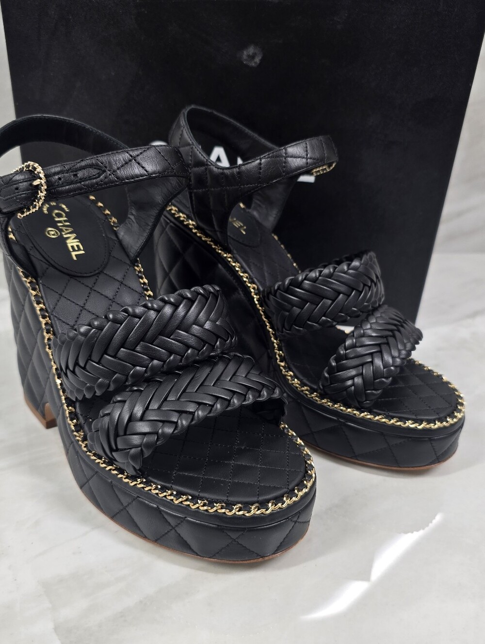 Chanel Black Quilted Braided Leather Platform Sandals - Picture 9 of 13